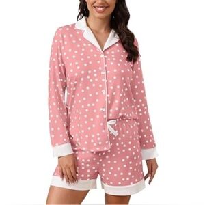 Pink Polka Dot Pajama Set with White Trim